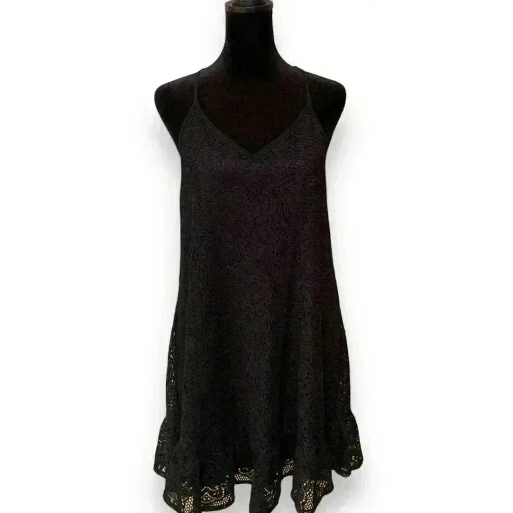 Umgee Women's Medium Black Floral Lace Ruffled Hem Back Detail Sundress - Picture 2 of 16